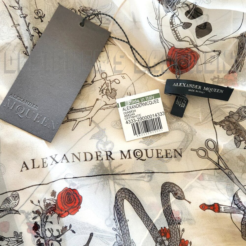 ALEXANDER MCQUEEN white letters SKULL CABINETS silk chiffon 52" sqr scarf shawl - Picture 3 of 7